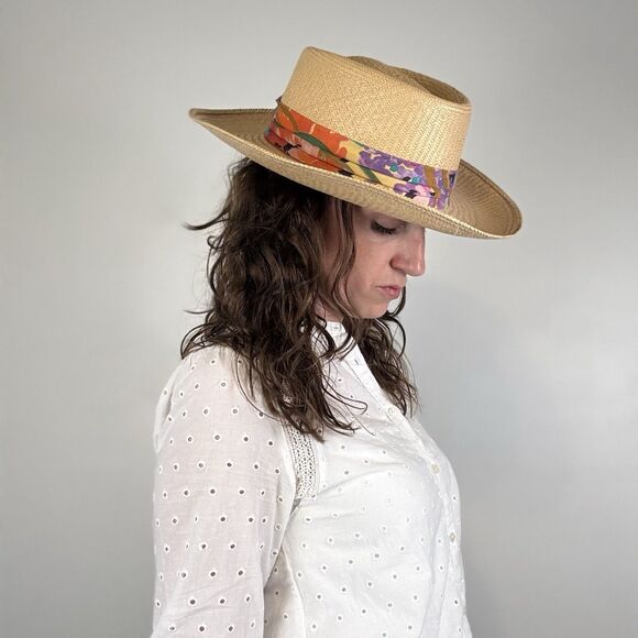 Vintage Straw Fedora Panama Hat Floral Scarf Band Wide Brim Summer Beach main image 8